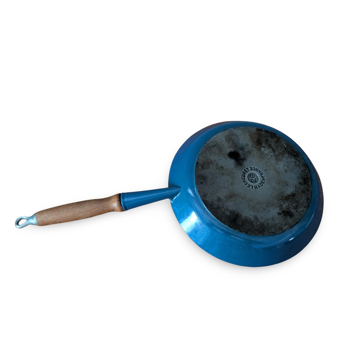 Vintage Mid-Century Modern Le Creuset #26 Blue Enamel Frying Pan Skillet with Wood Handle — additional view 7