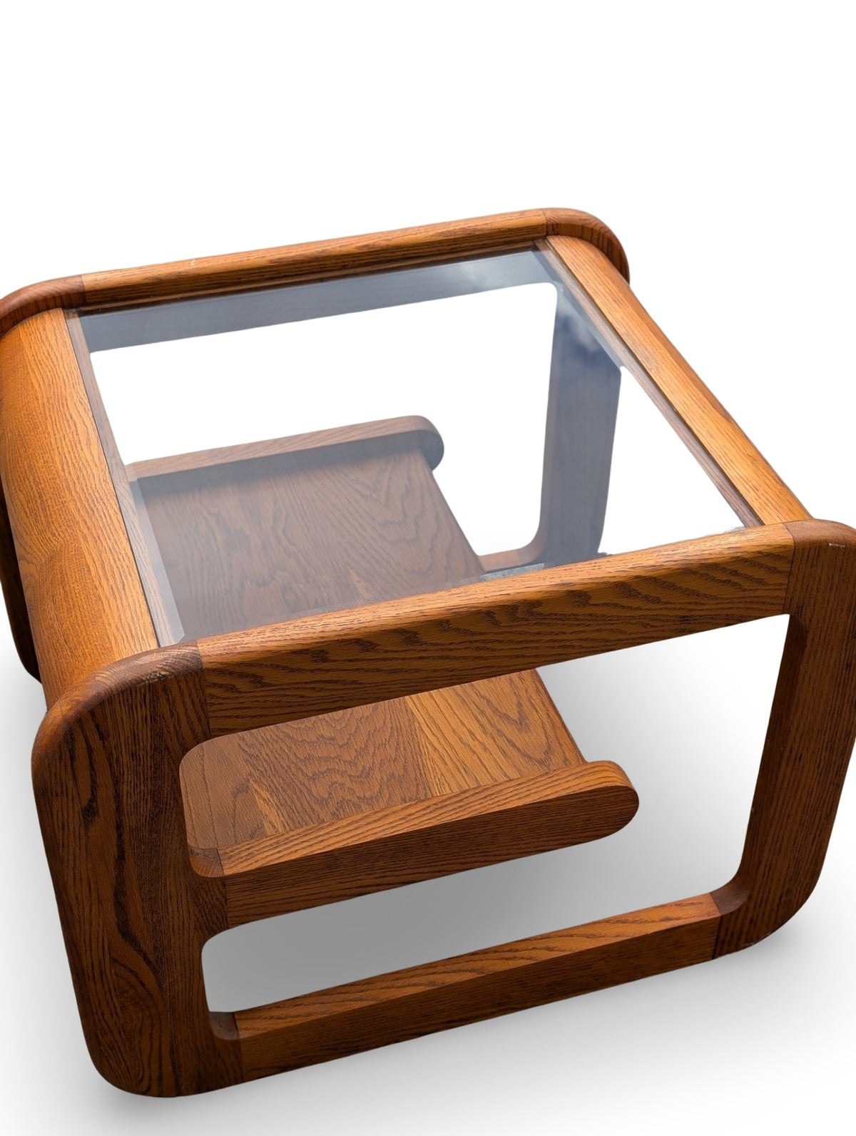 Vintage Postmodern Solid Oak Side Table with Beveled Smoked Glass Top by Mersman — additional view 5
