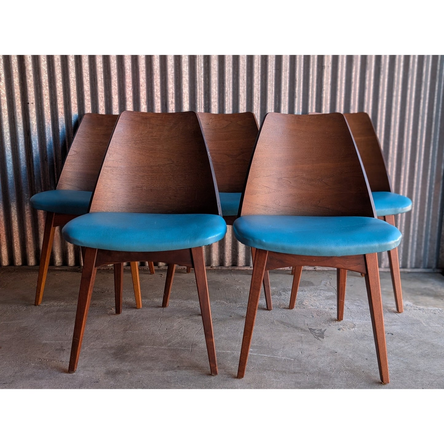 Set of 5 Mid-Century Modern Bentwood Shell Chairs by Foster McDavid – Walnut & Turquoise Vinyl, 1960s