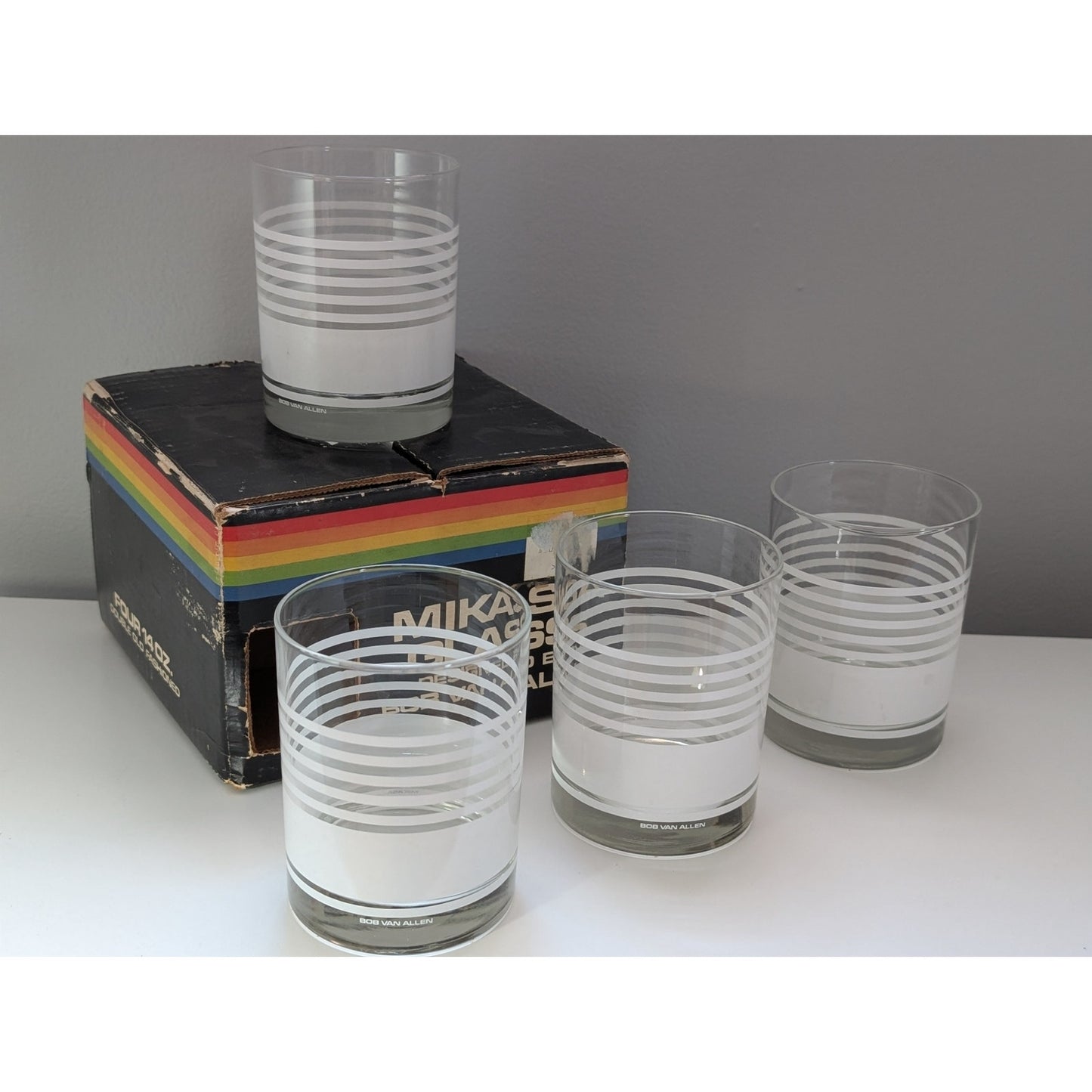Set of 4 Vintage Bob Van Allen Double Old Fashioned Glasses by Mikasa, Original Box