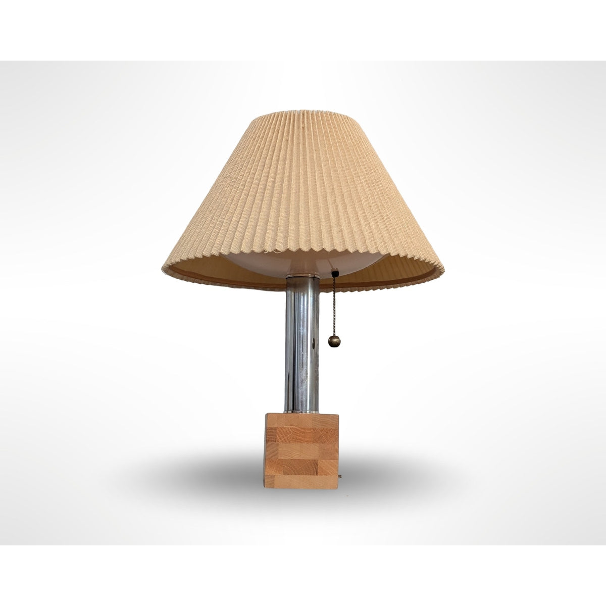 Vintage Mid Century Modern Chrome Wood Table Lamp Pleated Woven Shade