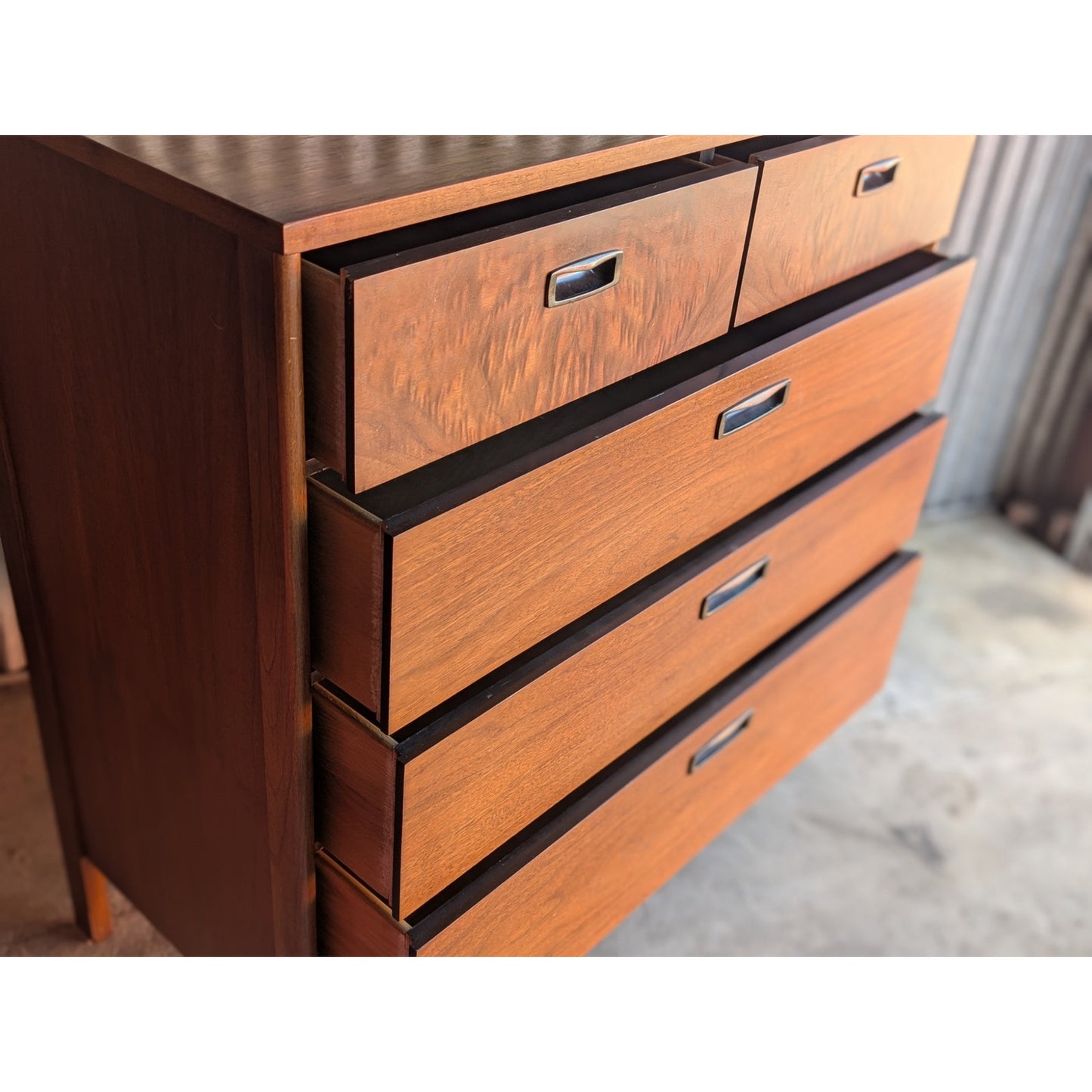Vintage Lane Mid-Century Modern Tall Dresser with Burlwood Drawer, Restored Top