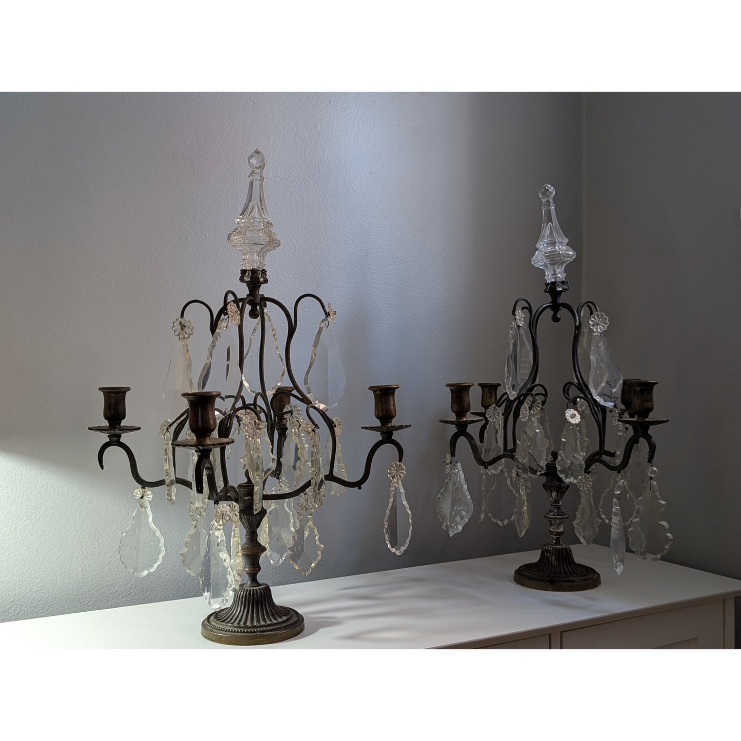 Pair of Vintage Louis XV Style Brass & Cut Glass Girandole Candelabras