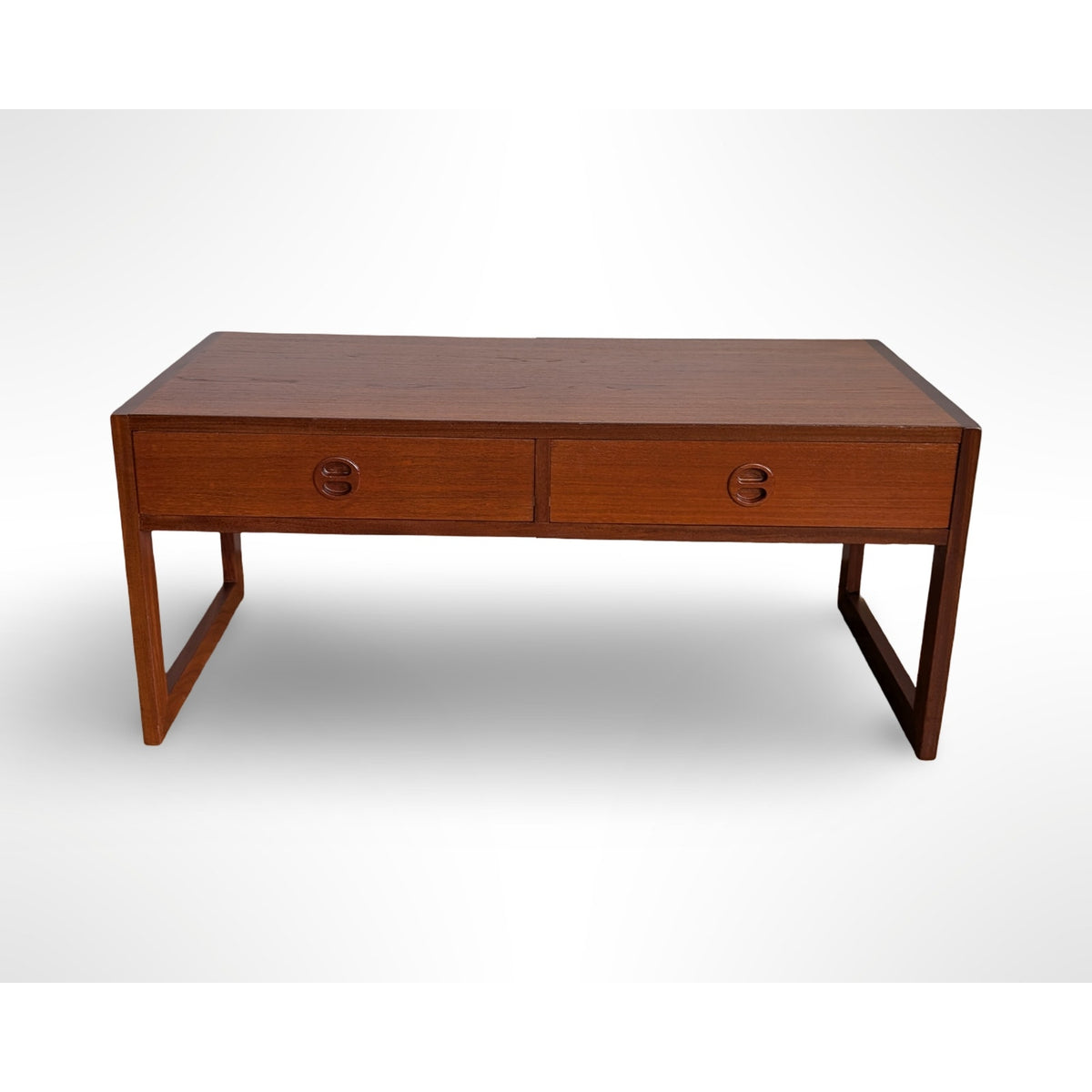 Arne Wahl Iversen Danish modern teak entryway cabinet with two drawers and sculptural recessed pulls, professionally restored