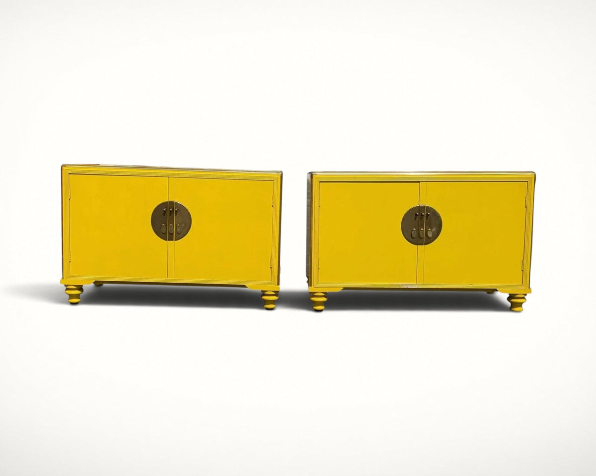Pair of Baker Far East Collection yellow lacquer cabinets by Michael Taylor, front view
