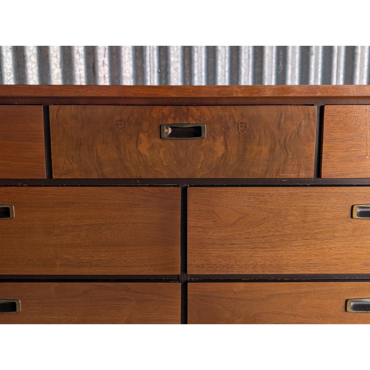 Vintage Lane Mid-Century Modern Long Dresser with Burlwood Drawers, Restored Top