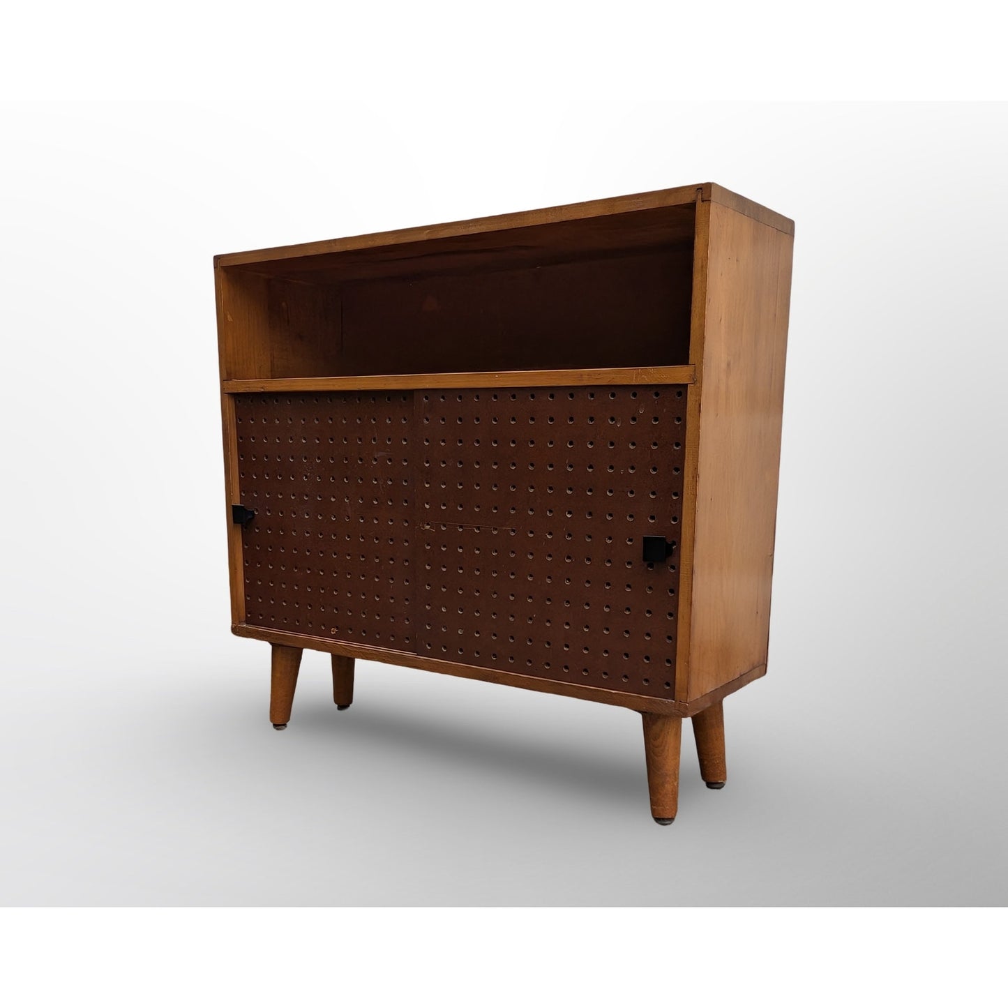 Vintage Mid Century Modern Maple Sliding Door Cabinet Pegboard Bookcase