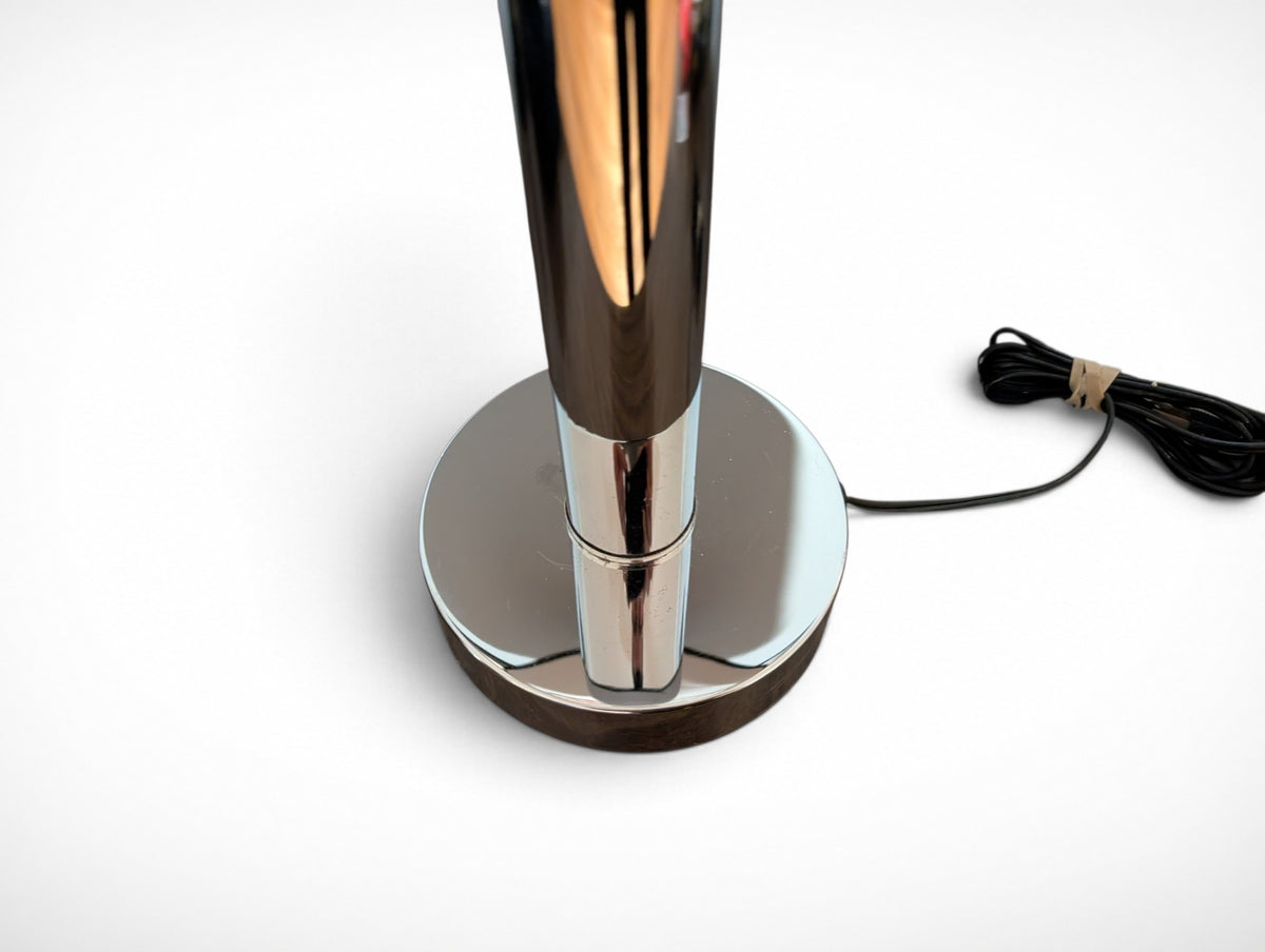 Vintage chrome mid century modern table lamp with black fabric drum shade, 14 x 14 x 30 inches