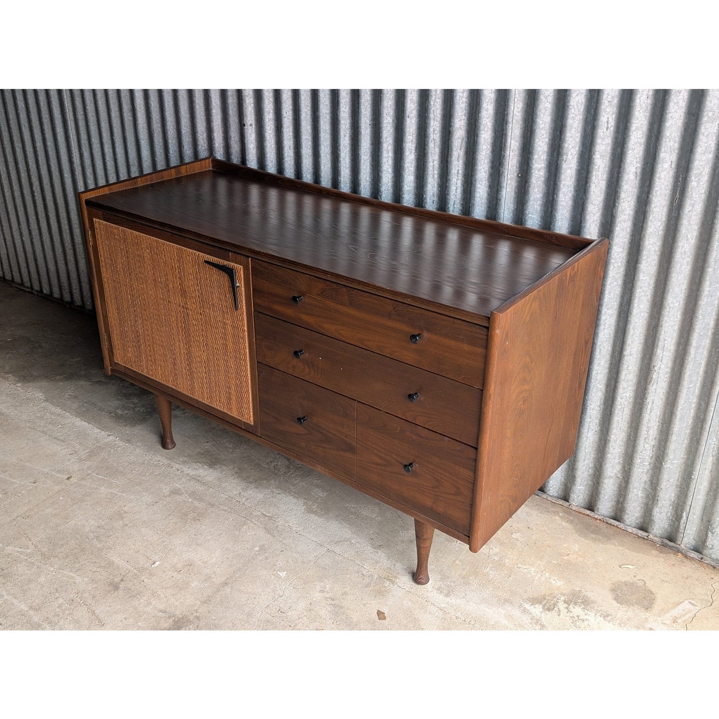 Heywood Wakefield Mid Century Modern Solid Oak Credenza with Cane Door