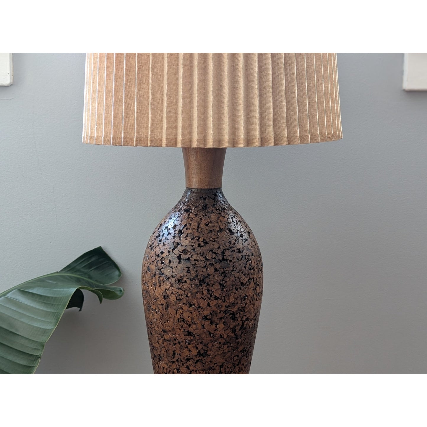 Large Vintage Mid-Century Modern Walnut and Cork Lamp with Stiffel Shade