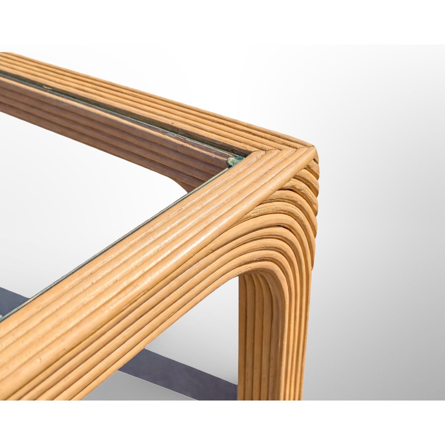 Vintage mid century modern rattan side tables pair showing sculptural split reed design