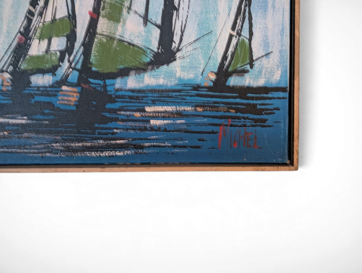Vintage mid century modern sailboat painting signed S. Wel, vibrant blue and green sails, wood frame, 31x31 inches