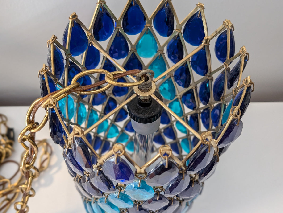 Stunning Mid-Century Modern Cylinder Pendant / Swag Lamp with Brass Frame and Blue Pendants — additional view 4