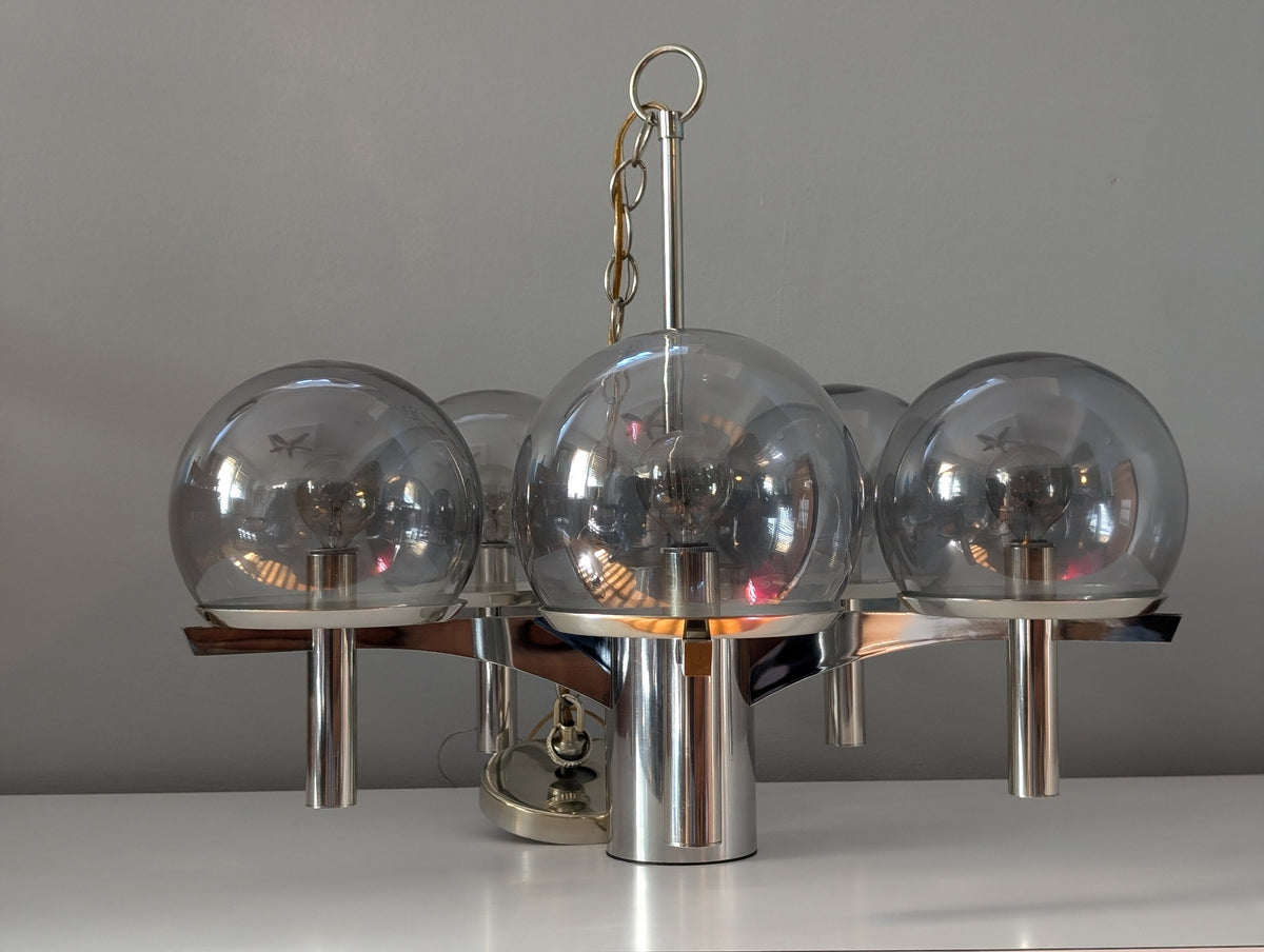 Vintage Mid-Century Modern Chrome and Smoked Glass Chandelier in the Style of Gaetano Sciolari — additional view 6