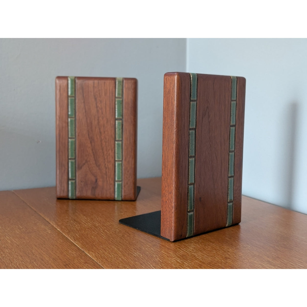 Vintage Martz for Marshall Studios Walnut Bookends with Inlaid Tile, labeled, 1960s — additional view 4
