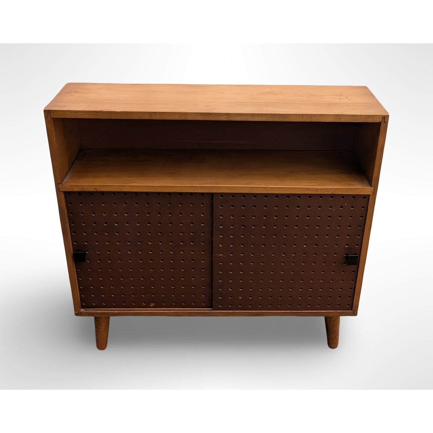 Vintage Mid Century Modern Maple Sliding Door Cabinet Pegboard Bookcase