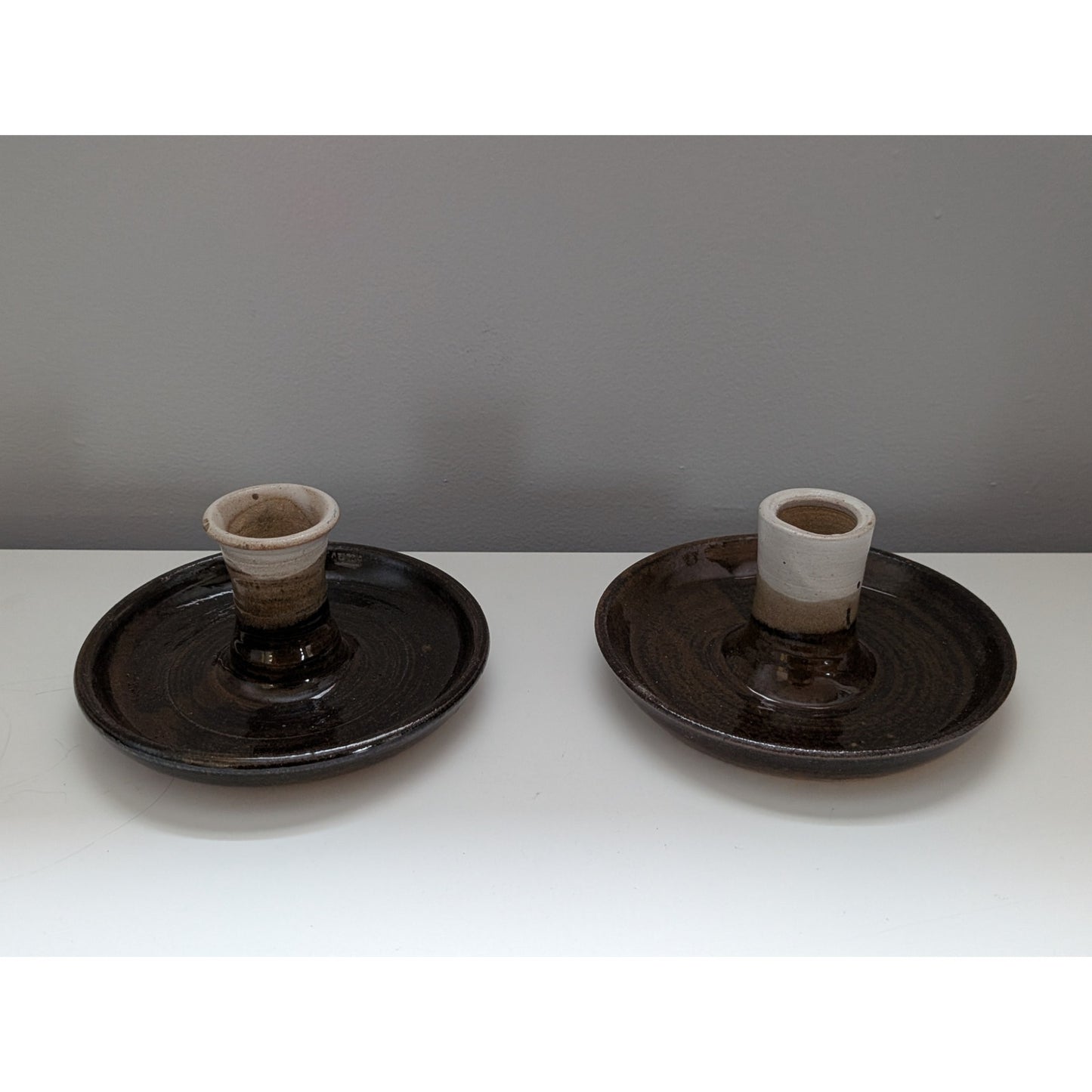 Pair of Vintage Pottery Candle Holders in Earth Tones
