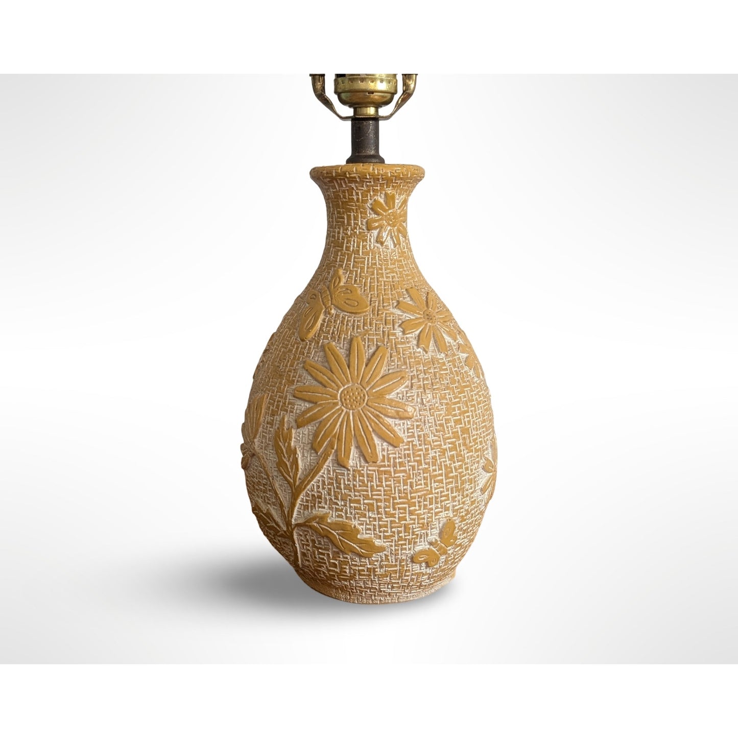 Vintage 1970s Molded Resin Floral Table Lamp Mid Century Modern Yellow
