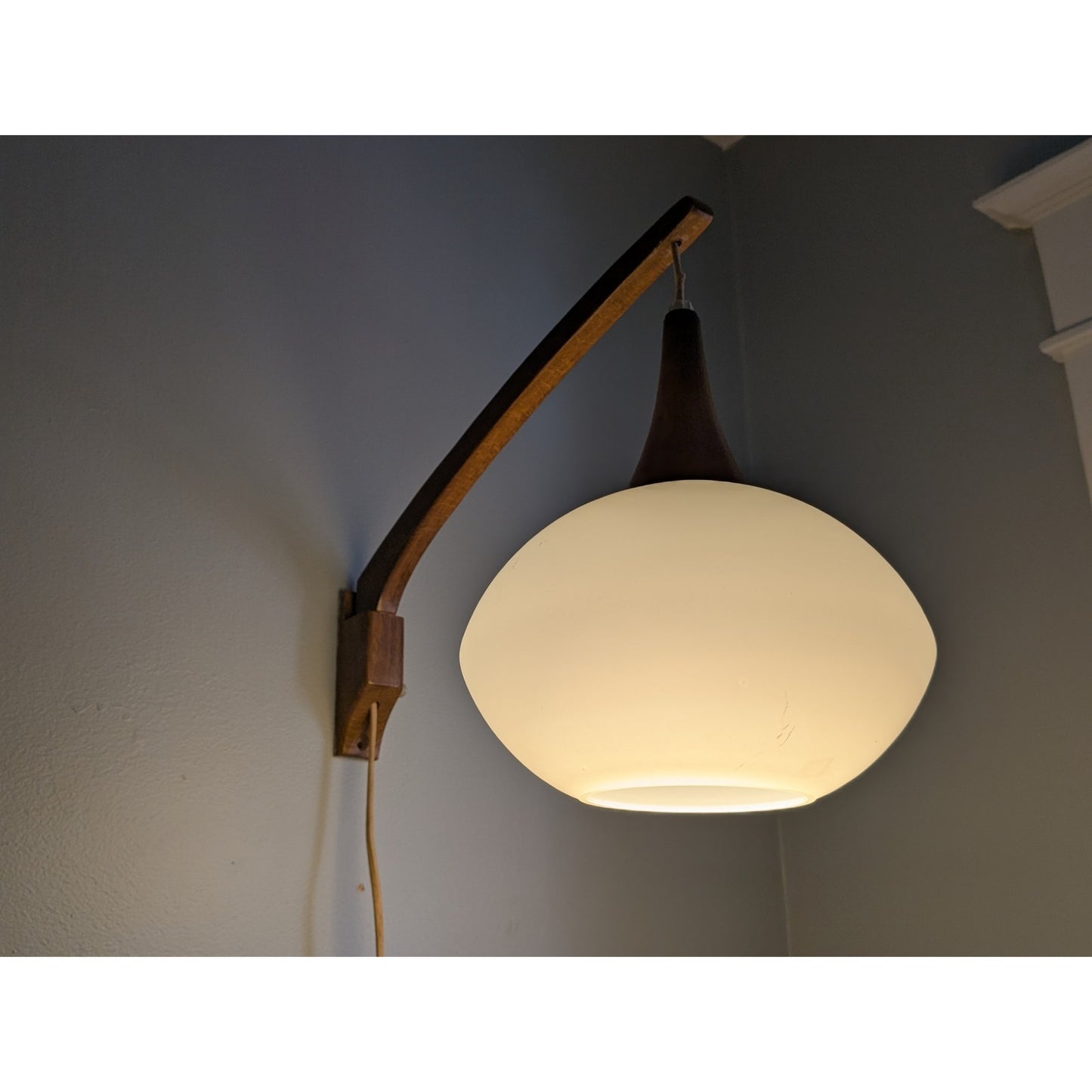 Vintage Mid-Century Modern Wall-Mount Swing Arm Pendant Lamp Frosted Glass Globe