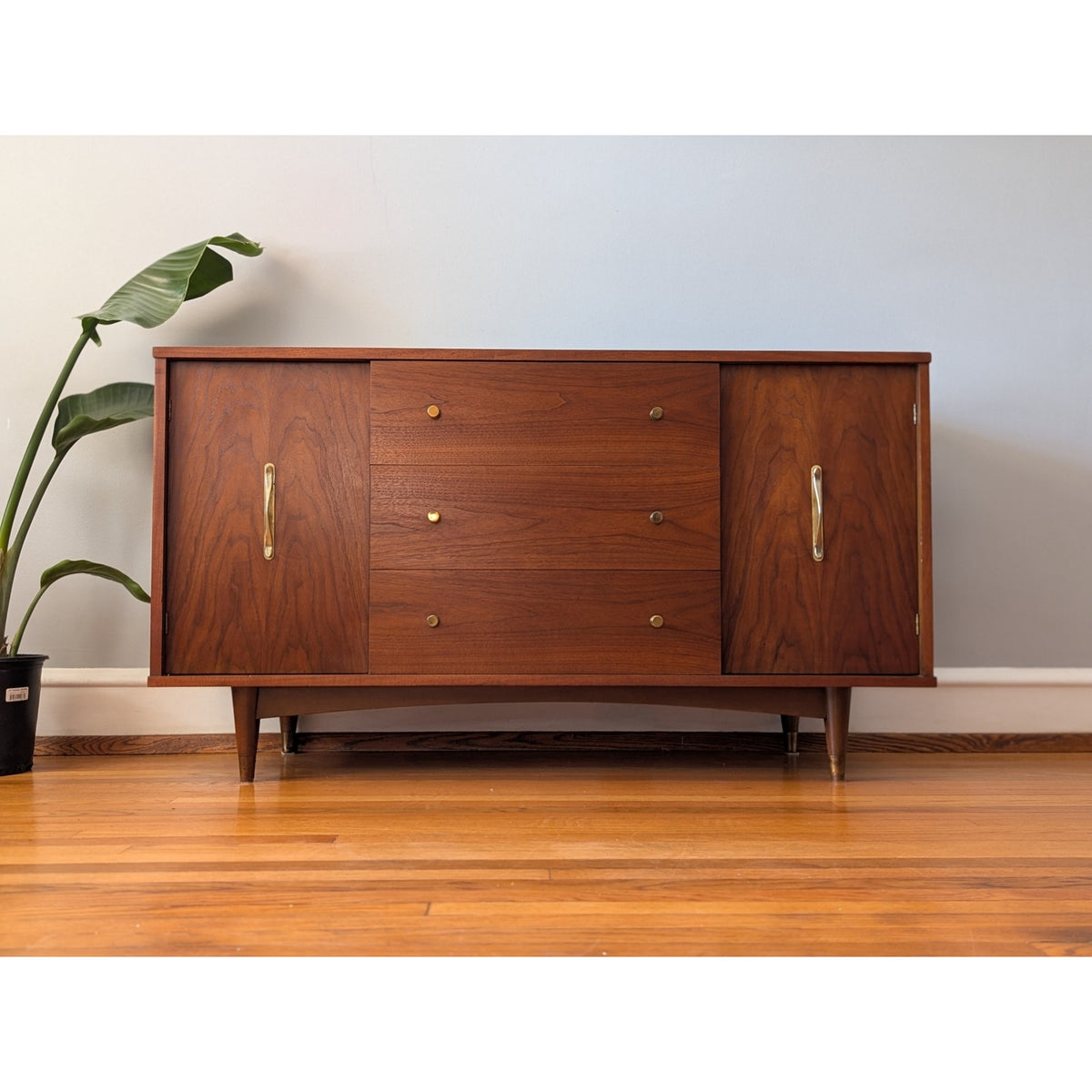 Restored Mid Century Modern Credenza by Blowing Rock Furniture – Brass Accents