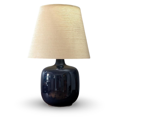 Impressive Mid Century Modern Lamp by Lotte & Gunnar Bostlund – Blue Ceramic, Original Fiberglass Shade, 25.75" Tall