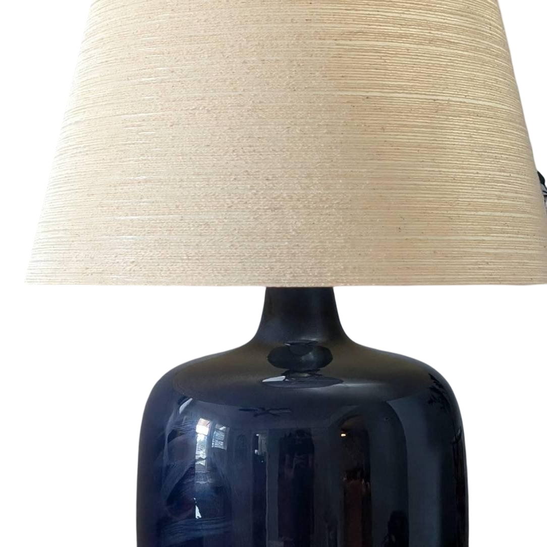 Impressive Mid Century Modern Lamp by Lotte & Gunnar Bostlund – Blue Ceramic, Original Fiberglass Shade, 25.75" Tall