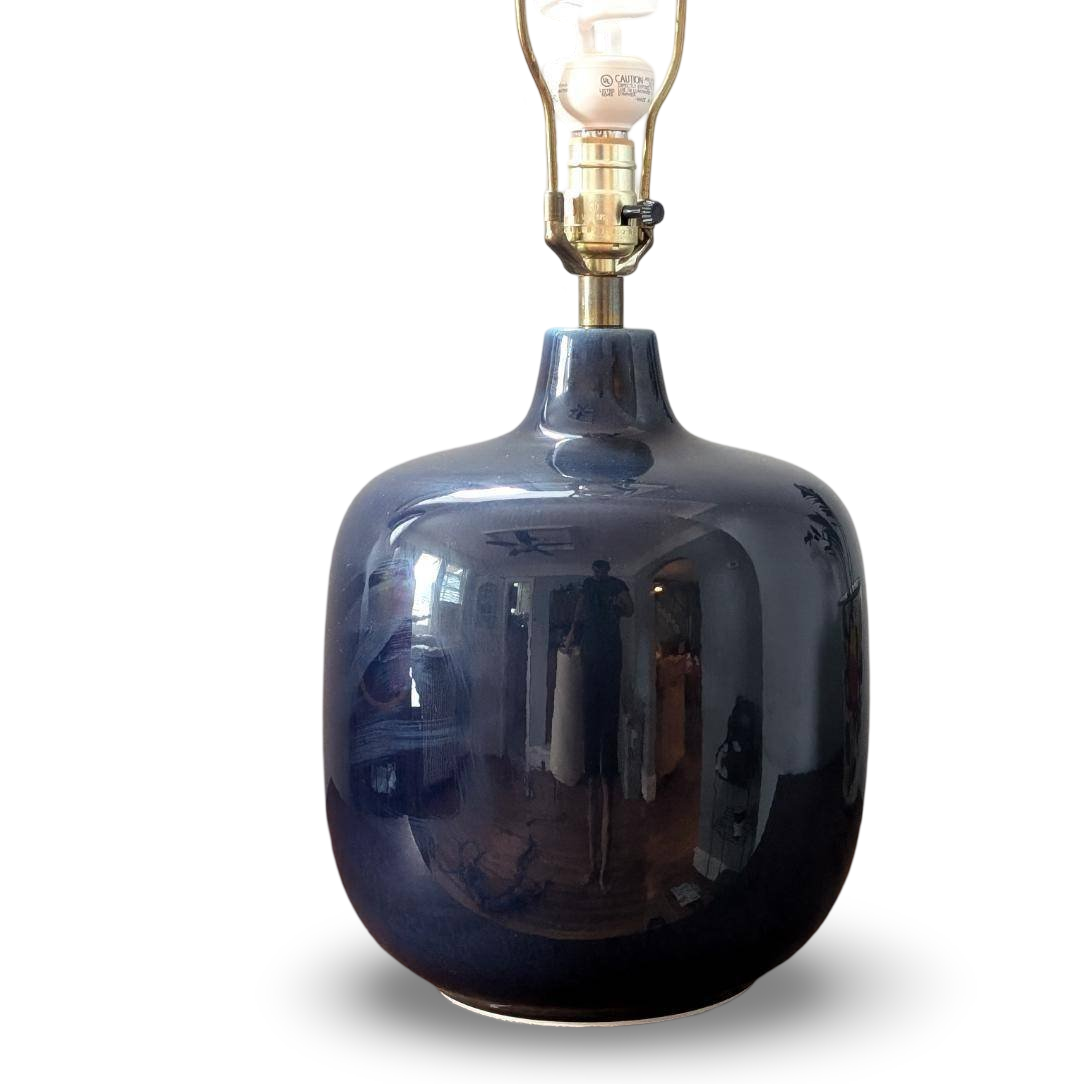 Impressive Mid Century Modern Lamp by Lotte & Gunnar Bostlund – Blue Ceramic, Original Fiberglass Shade, 25.75" Tall