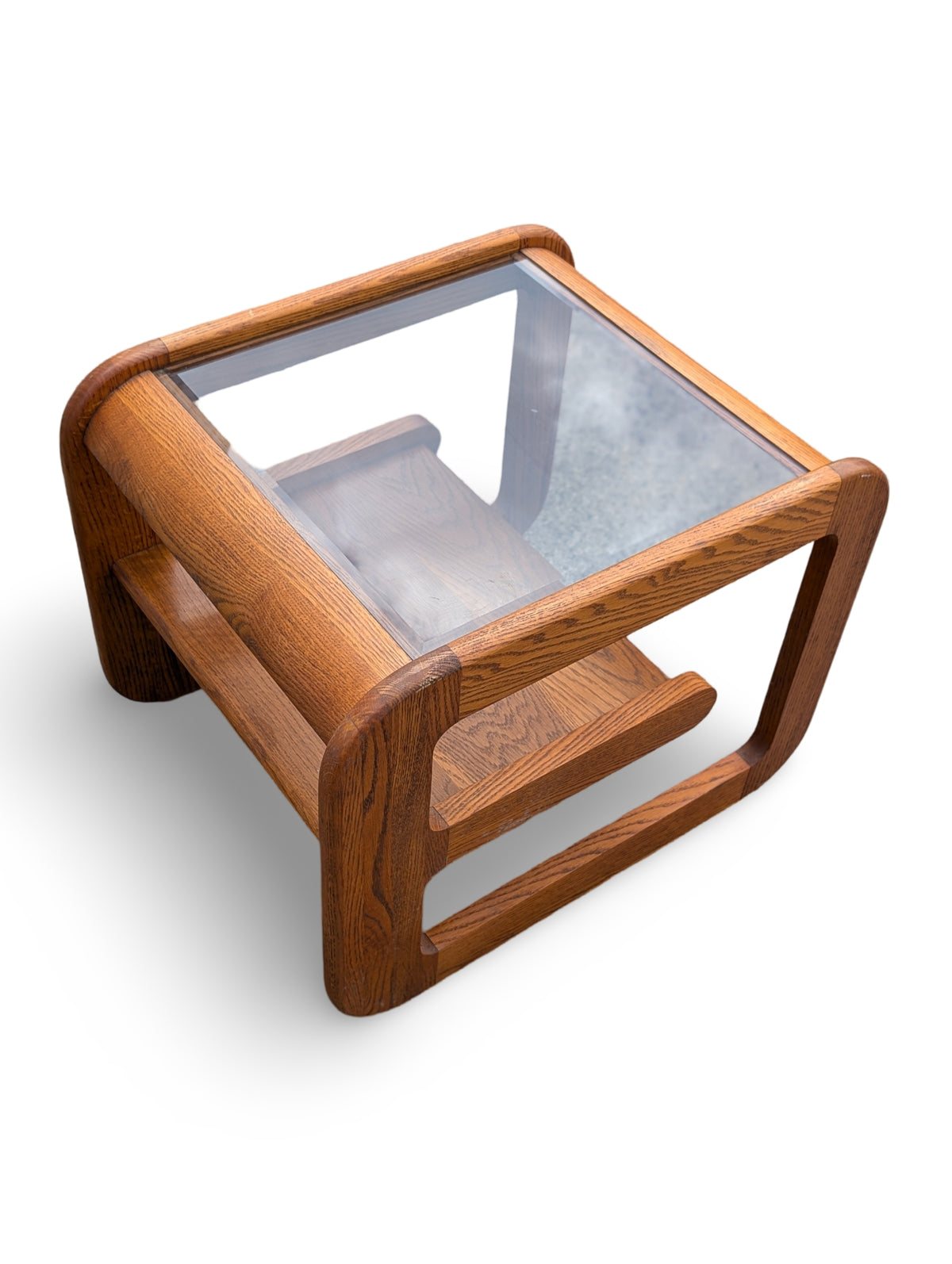 Vintage Postmodern Solid Oak Side Table with Beveled Smoked Glass Top by Mersman — additional view 2