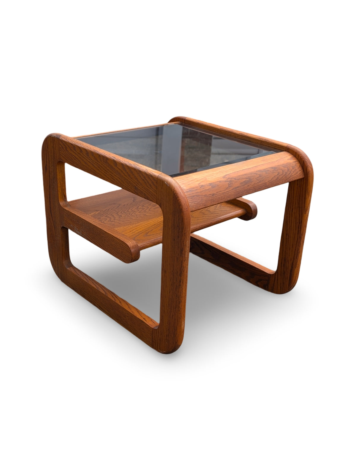 Vintage Postmodern Solid Oak Side Table with Beveled Smoked Glass Top by Mersman — additional view 3