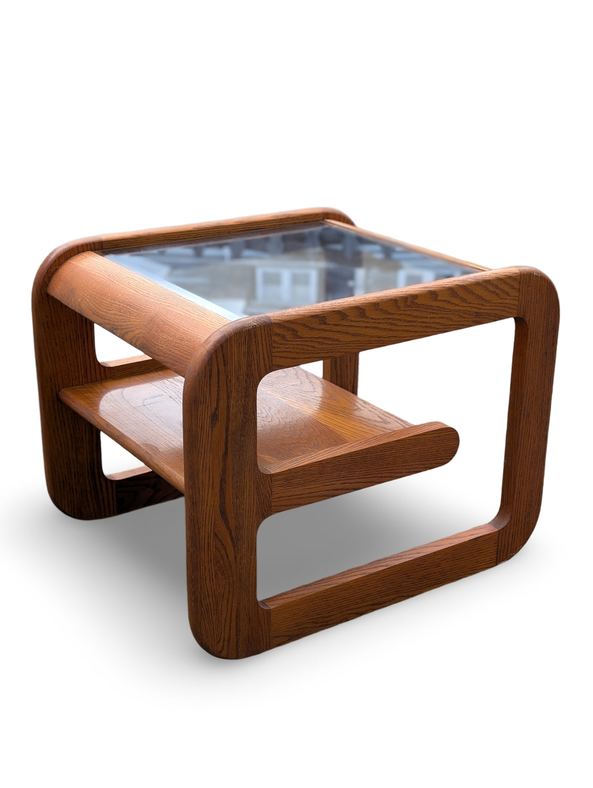 Vintage Postmodern Solid Oak Side Table with Beveled Smoked Glass Top by Mersman — additional view 4