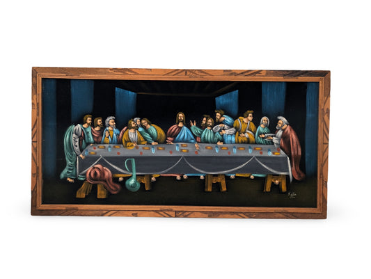 Vintage Mid Century Modern Black Velvet Painting of The Last Supper – 46" x 23"