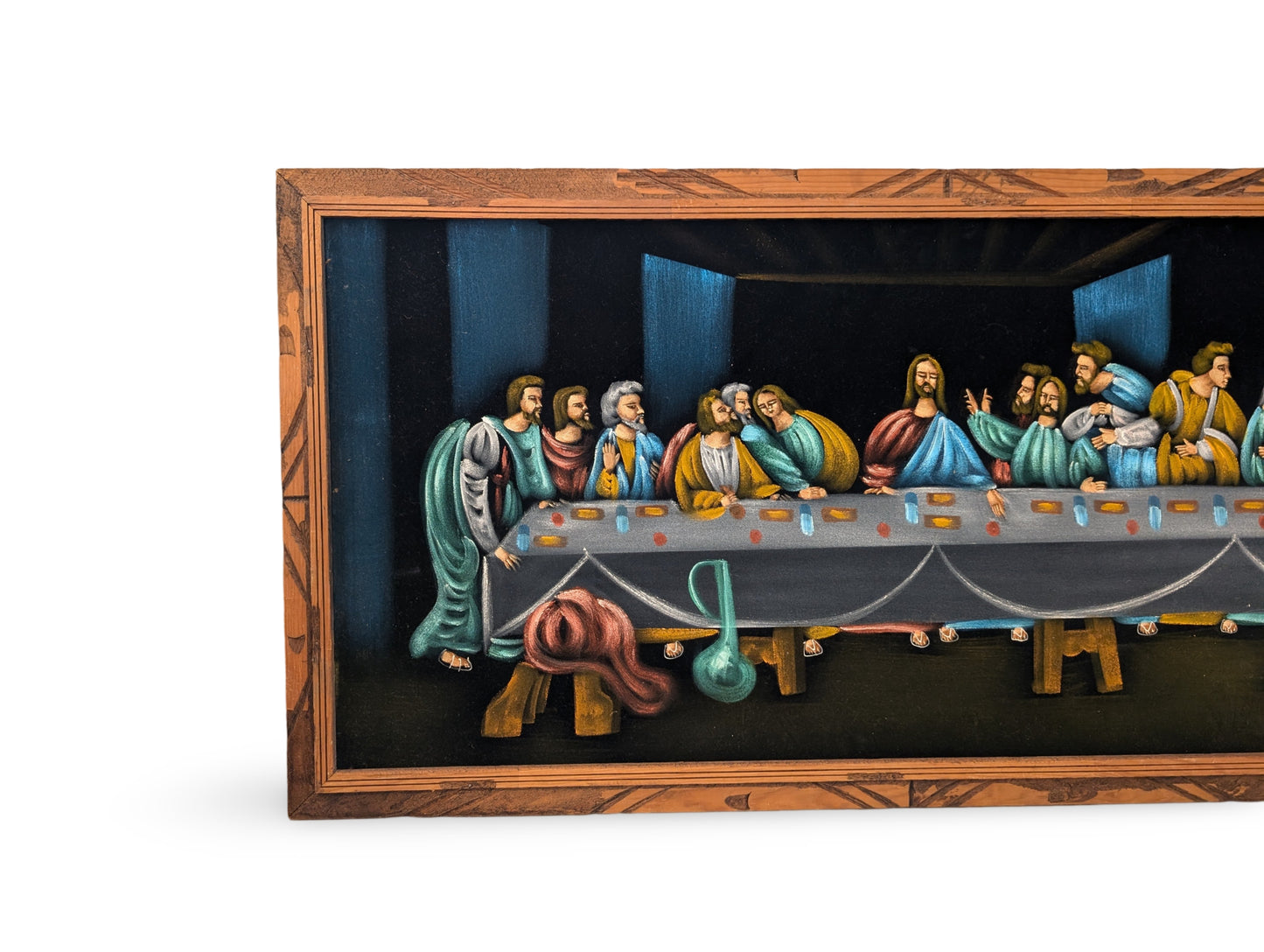 Vintage Mid Century Modern Black Velvet Painting of The Last Supper – 46" x 23"