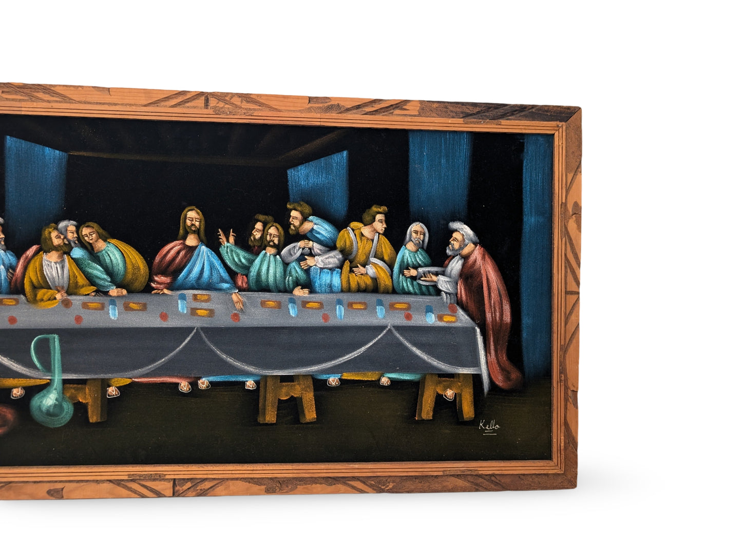 Vintage Mid Century Modern Black Velvet Painting of The Last Supper – 46" x 23"