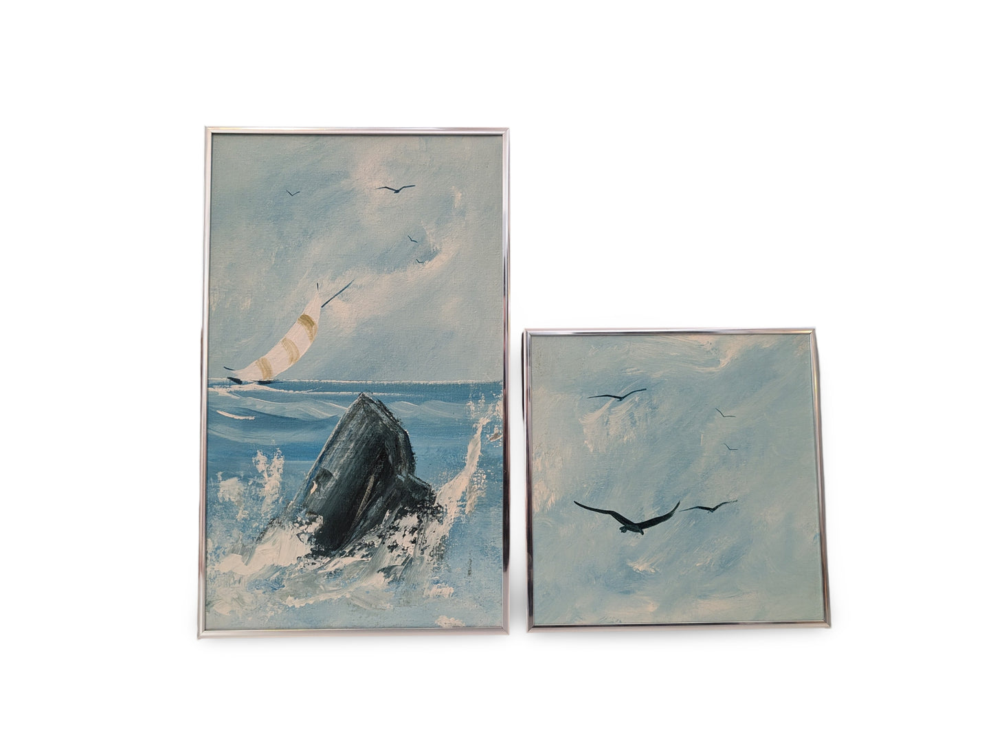 Pair of Original Vintage Mid-Century Paintings in Metal Frames – Birds, Waves & Boat