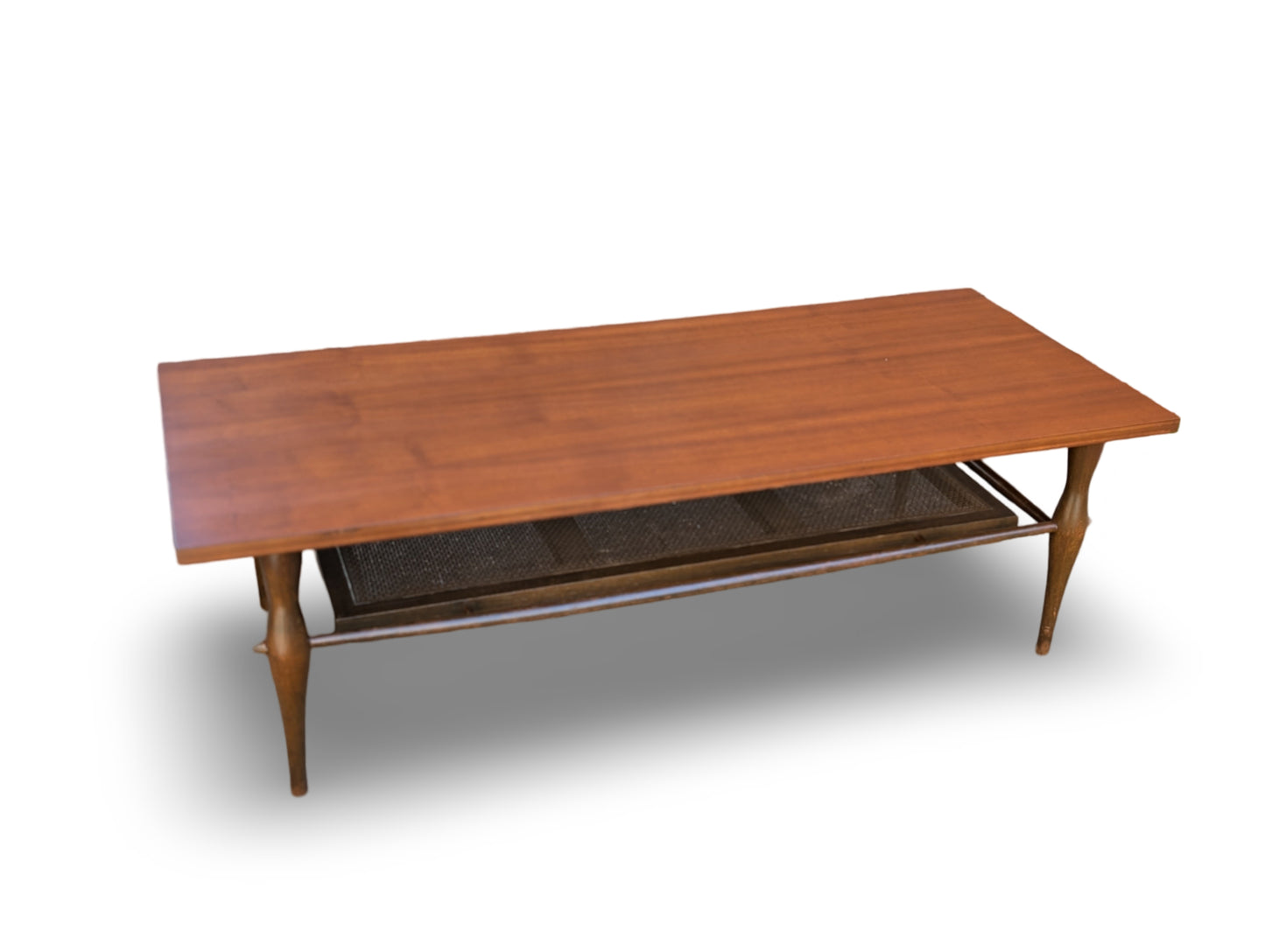 Vintage Mid-Century Modern Coffee Table with Cane Shelf – Newly Refinished Top