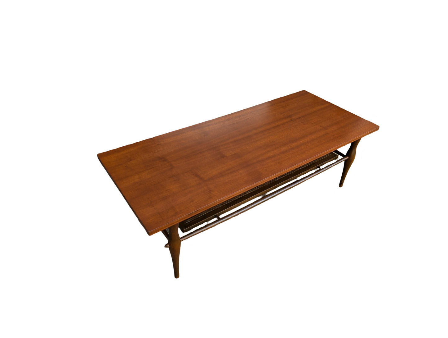 Vintage Mid-Century Modern Coffee Table with Cane Shelf – Newly Refinished Top