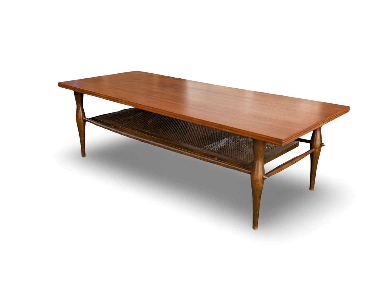 Vintage Mid-Century Modern Coffee Table with Cane Shelf – Newly Refinished Top