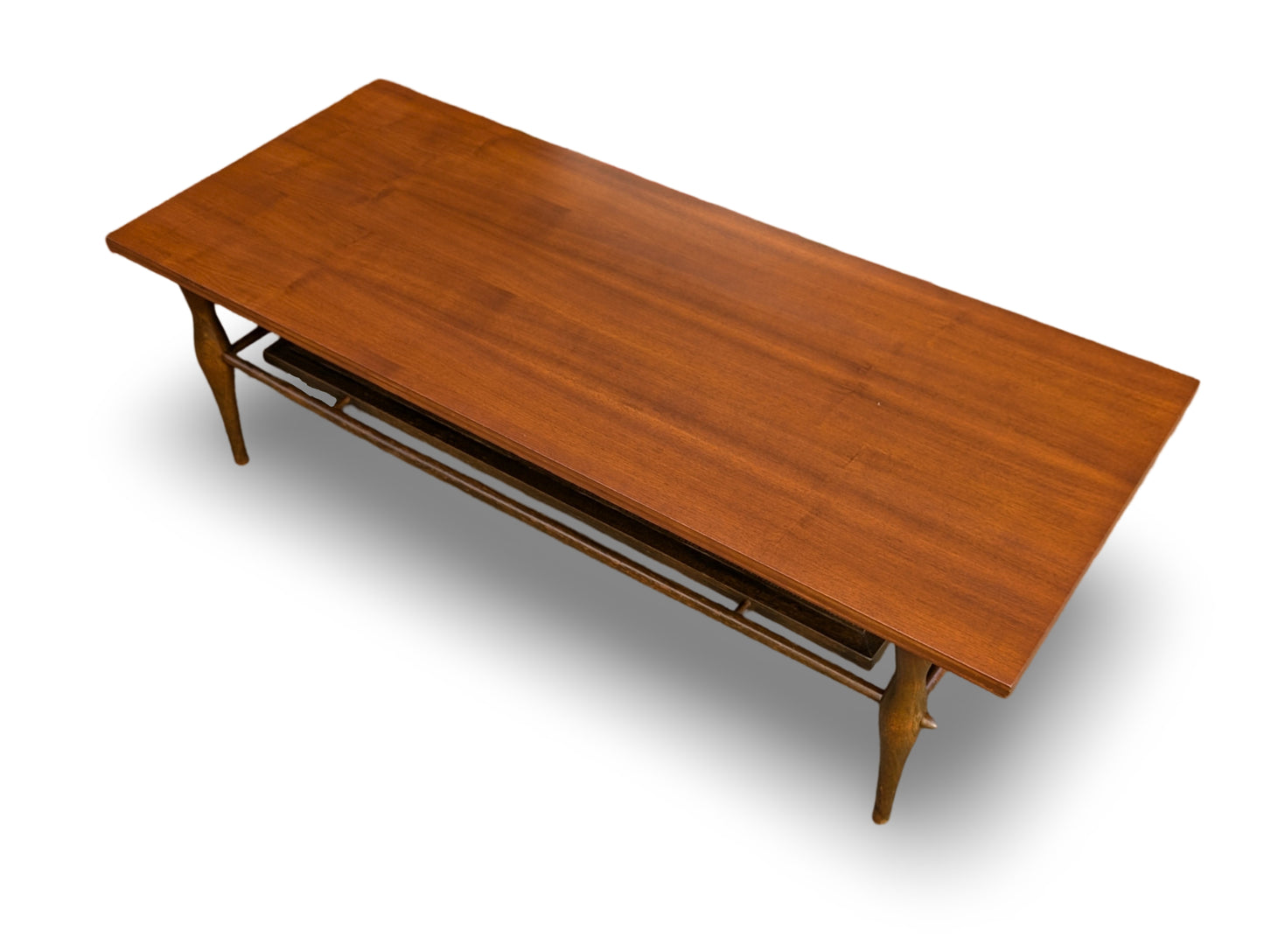 Vintage Mid-Century Modern Coffee Table with Cane Shelf – Newly Refinished Top