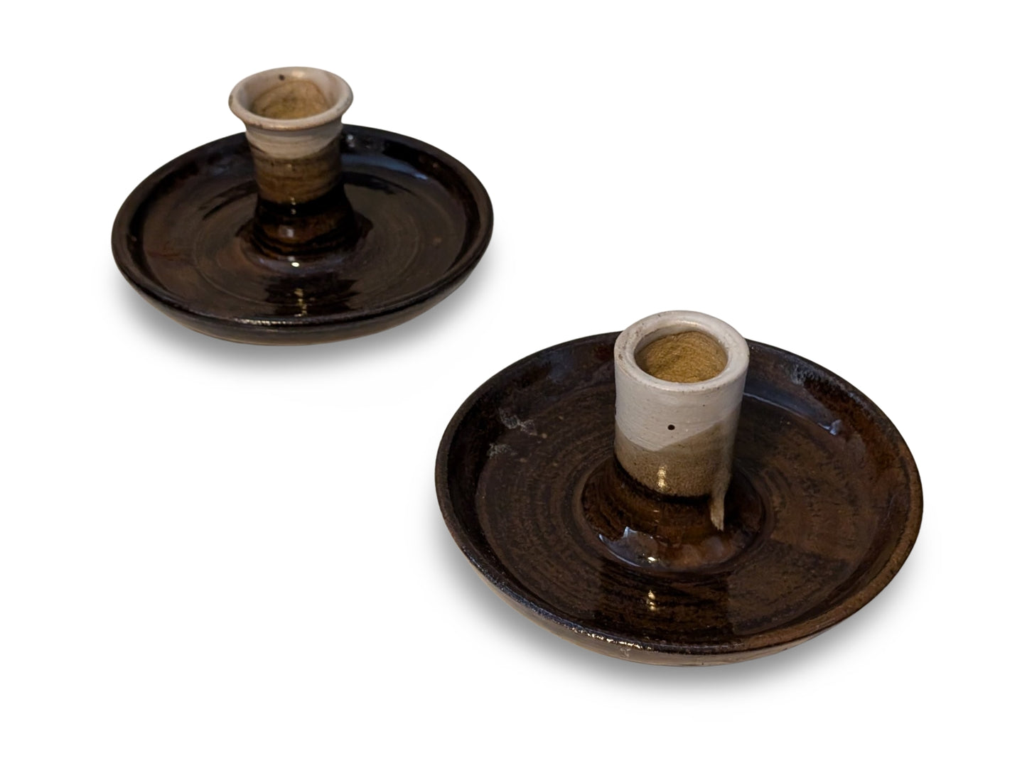 Pair of Vintage Mid-Century Modern Studio Pottery Candle Holders – Brown and White Glaze