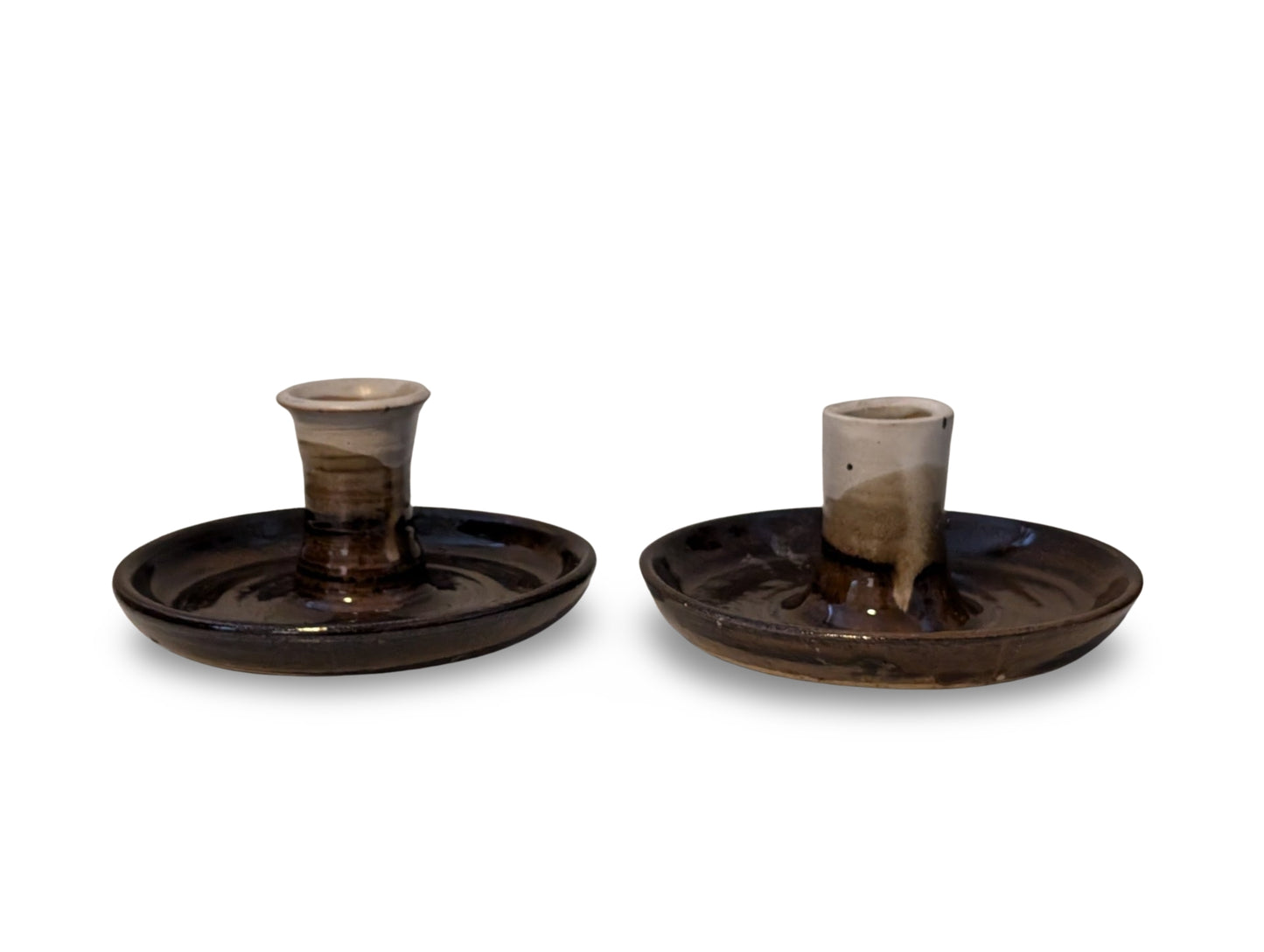 Pair of Vintage Mid-Century Modern Studio Pottery Candle Holders – Brown and White Glaze