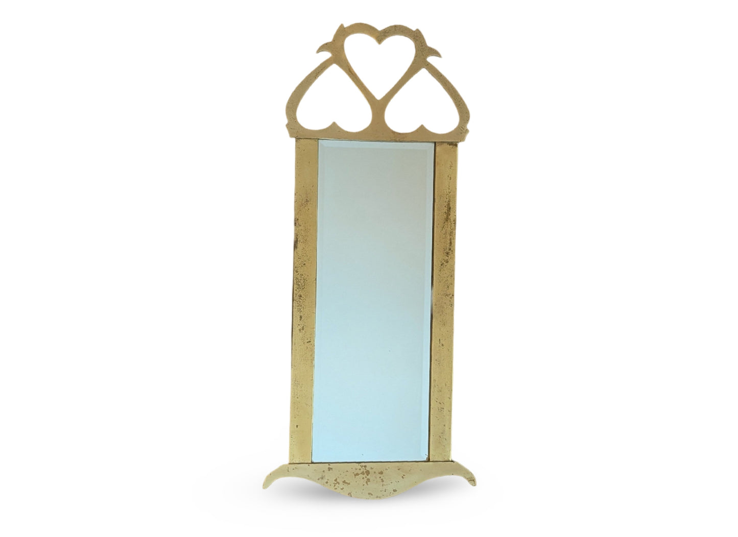 Mid-Century Modern Large Heavy Brass Wall Mirror with Heart Motif – 44.25" x 14.5"