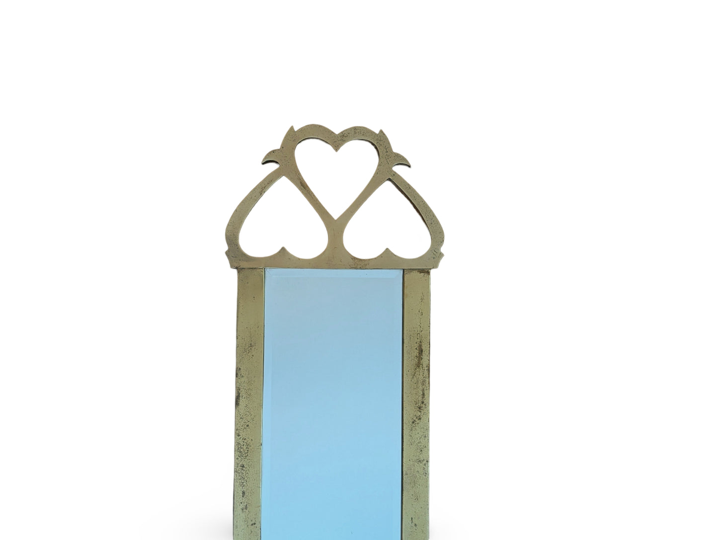 Mid-Century Modern Large Heavy Brass Wall Mirror with Heart Motif – 44.25" x 14.5"