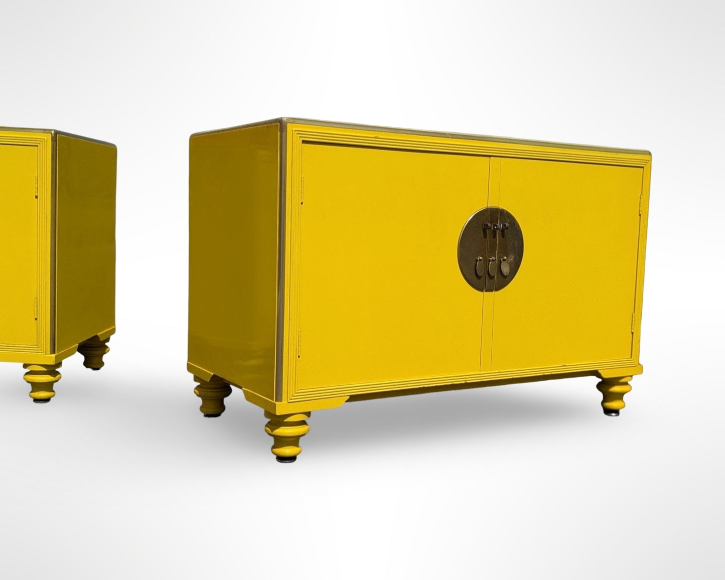 Pair of Baker Far East Collection yellow lacquer cabinets designed by Michael Taylor mid century modern vintage storage furniture