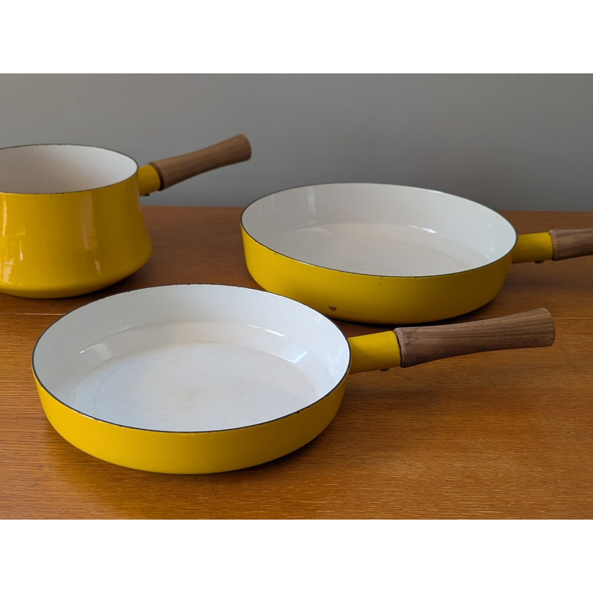 Vintage Set of 3 Dansk Yellow Pans with Teak Handles – Made in France