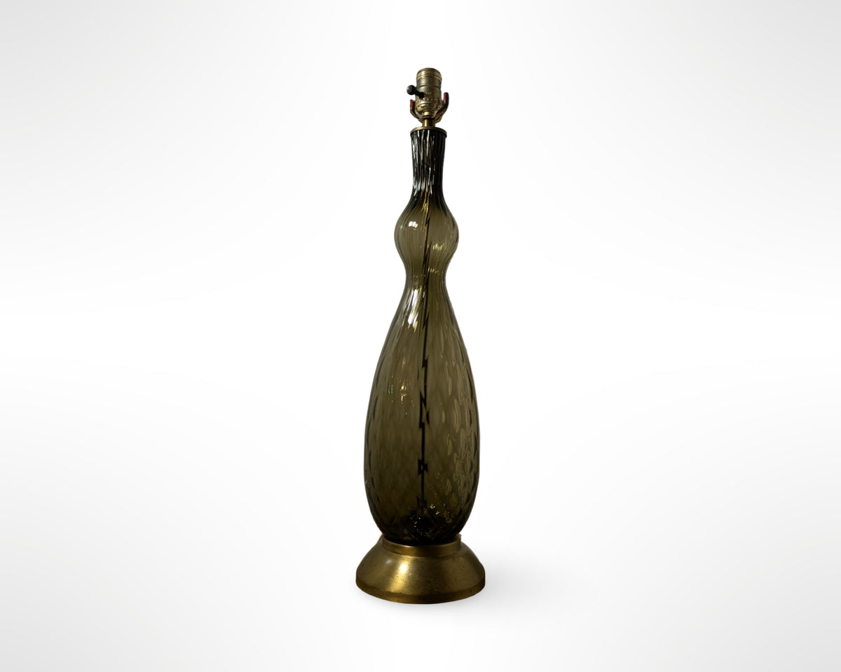 Vintage Mid Century Modern Smoked Art Glass Lamp Brass Base - Image 1