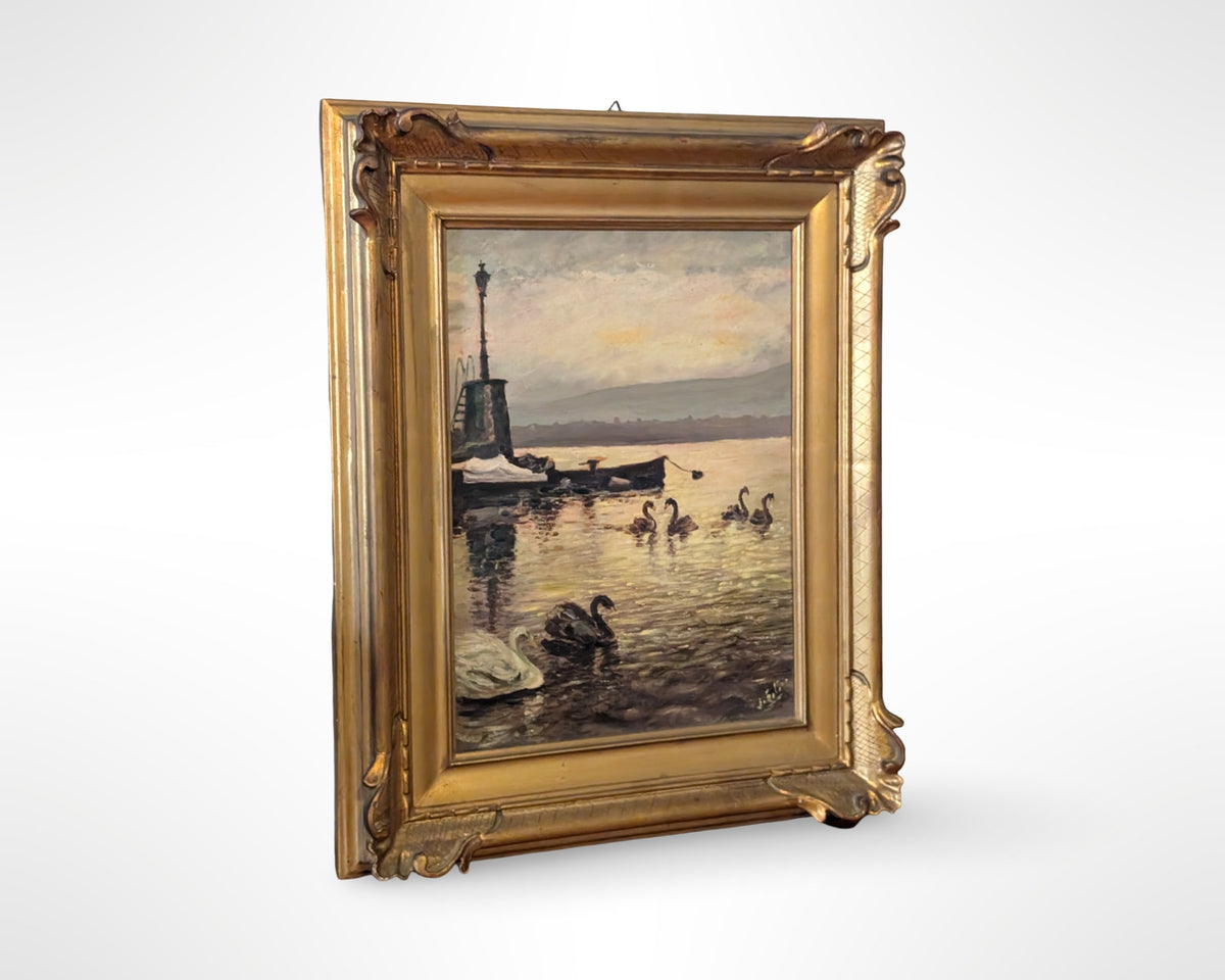 Vintage Painting Swans Harbor Sunset 18" W x 22" H Gilt Wood Frame - Image 2