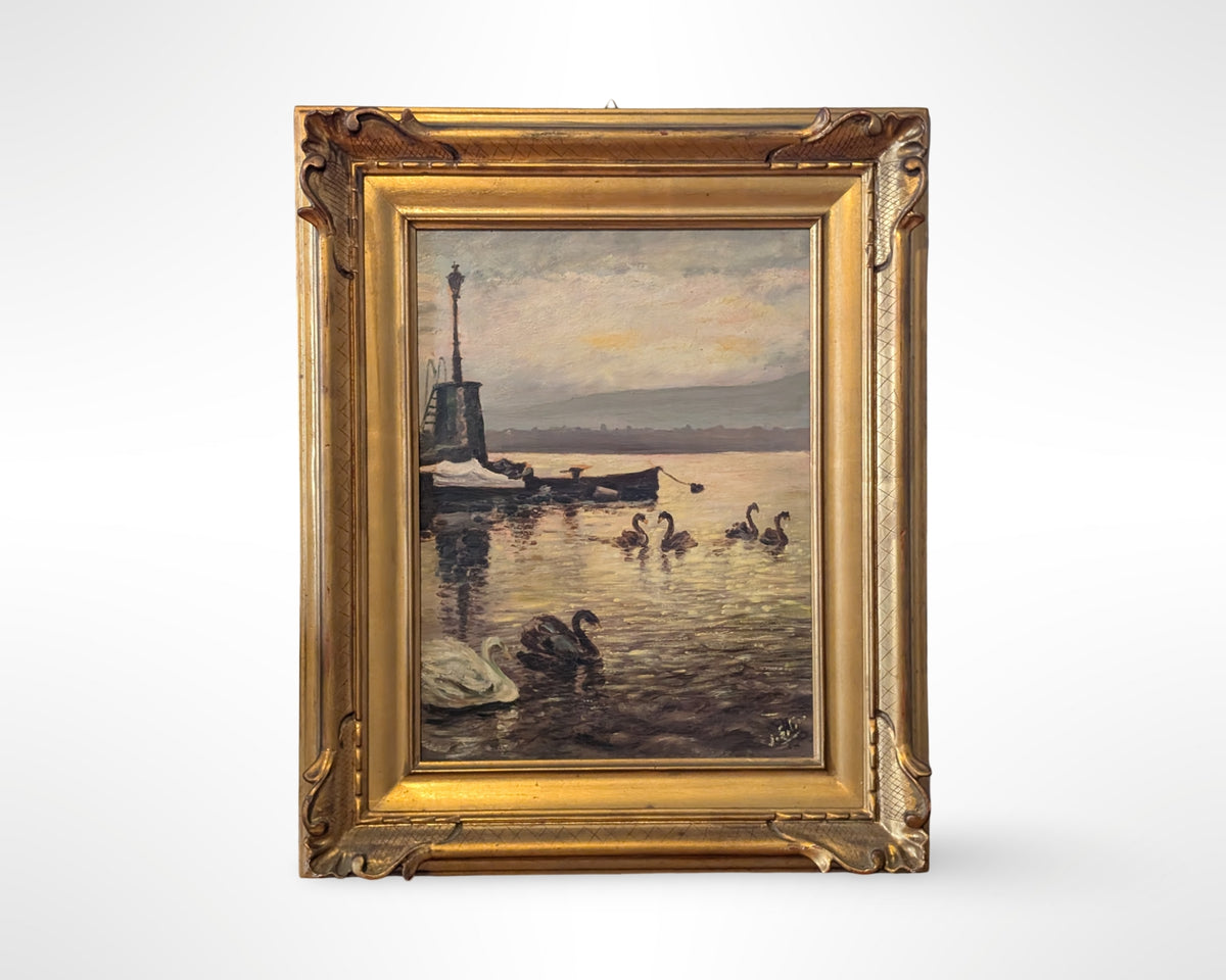 Vintage Painting Swans Harbor Sunset 18" W x 22" H Gilt Wood Frame - Image 1