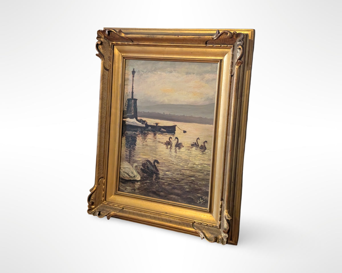 Vintage Painting Swans Harbor Sunset 18" W x 22" H Gilt Wood Frame - Image 3
