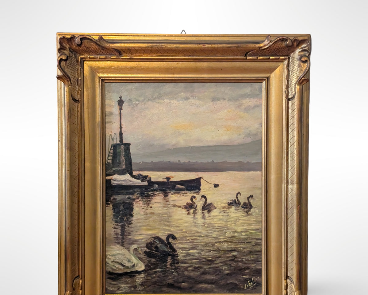 Vintage Painting Swans Harbor Sunset 18" W x 22" H Gilt Wood Frame - Image 5