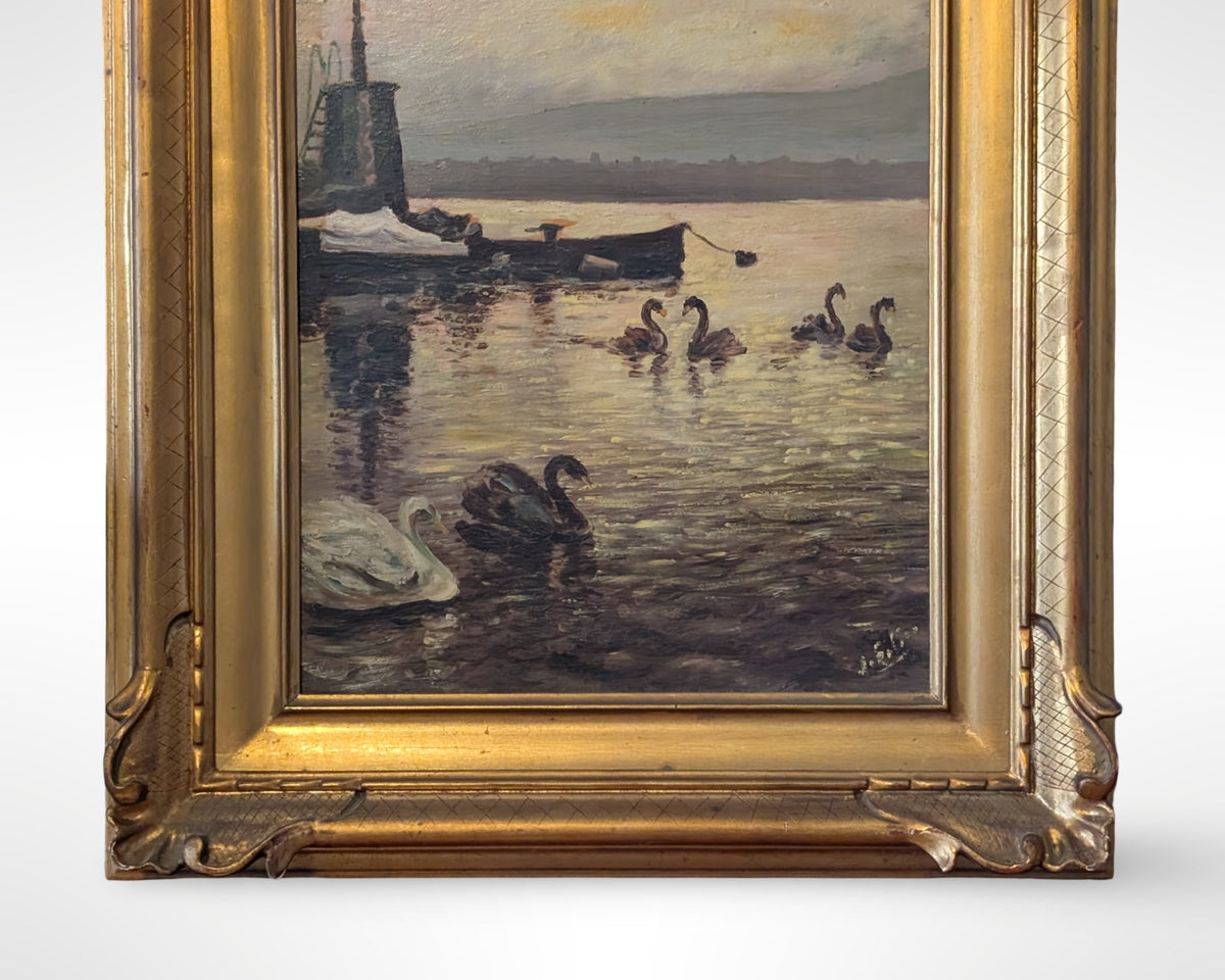 Vintage Painting Swans Harbor Sunset 18" W x 22" H Gilt Wood Frame - Image 4